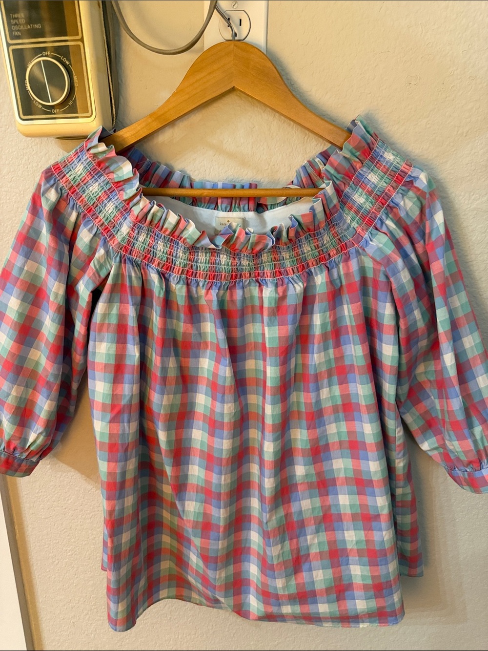 Kate Spade Smocked Off-Shoulder Plaid Women's Top in red green and & Blue